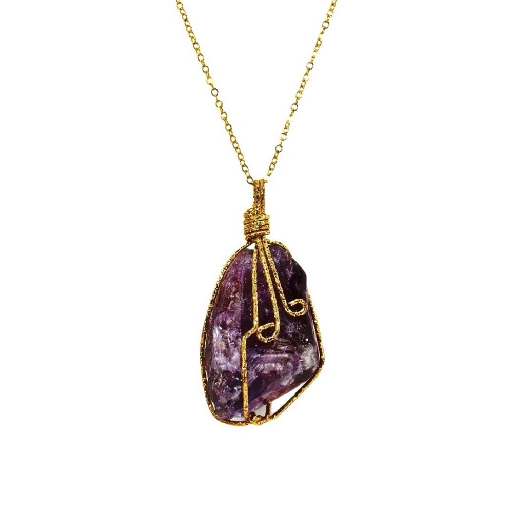 Large organic cut purple amethyst stone pendant wrapped in gold wire swirl New